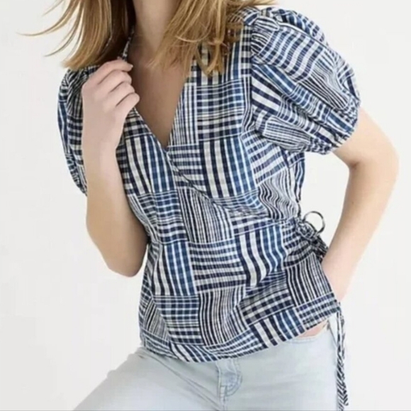J. Crew Puff-Sleeve Wrap Top in Indigo Patchwork Size Medium - Picture 1 of 16